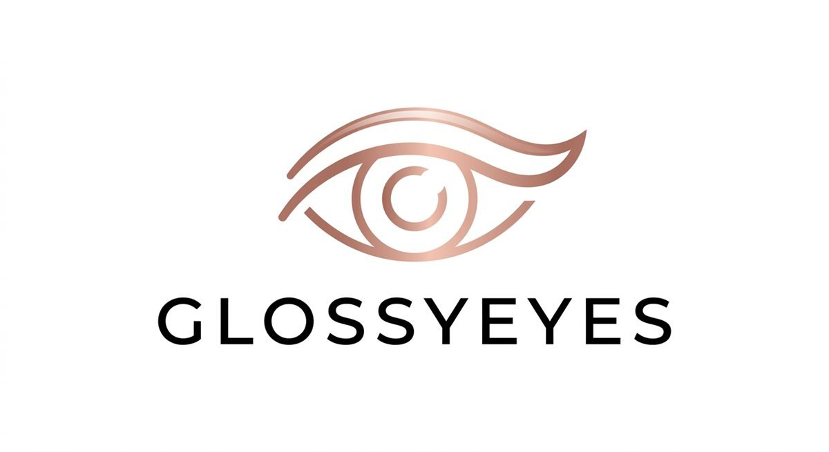 GlossyEyes brand mark: a rose-gold eye drawn in one flowing line